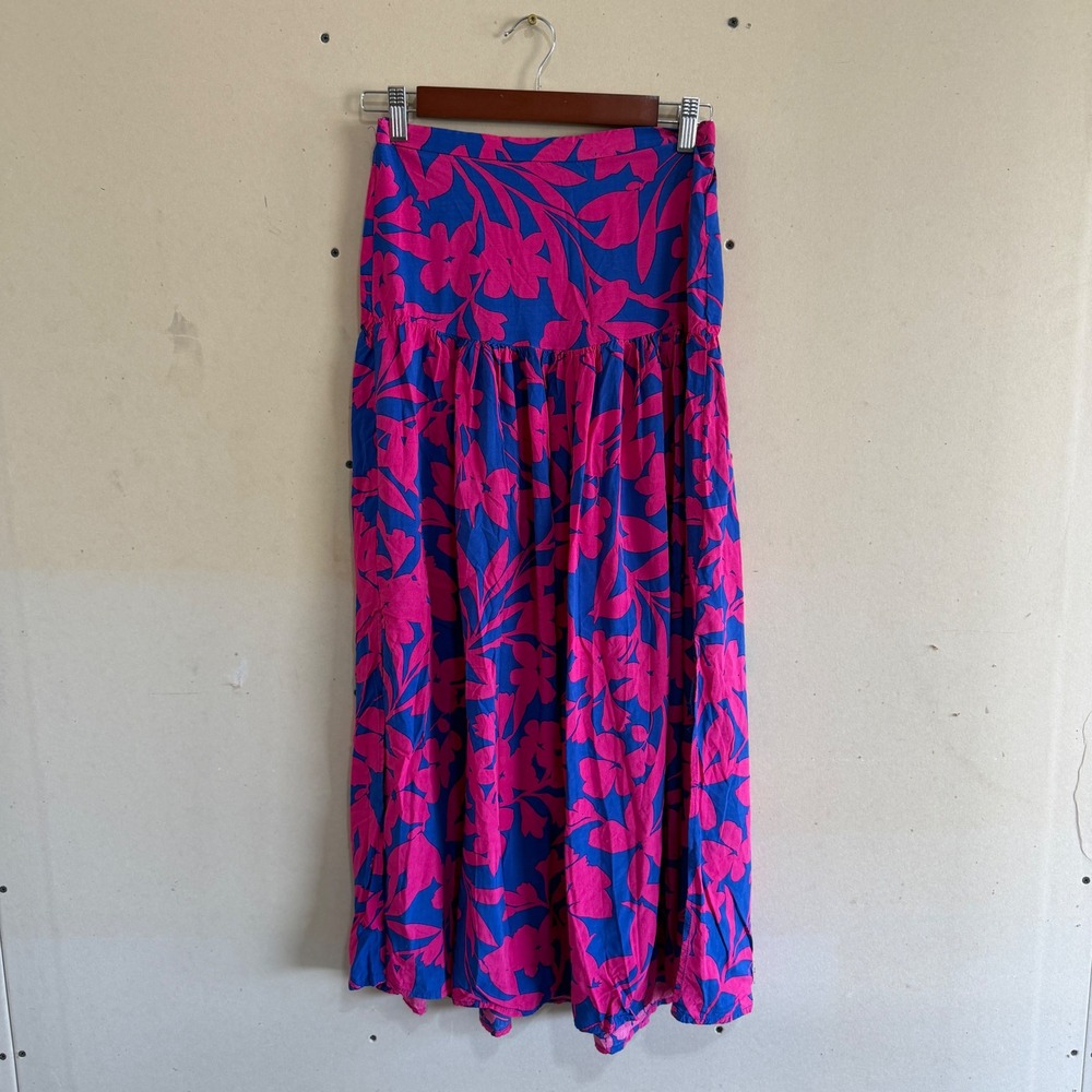Abel the Label Pink Blue Floral Tropical Drop Waist Maxi Skirt Side Slit Small